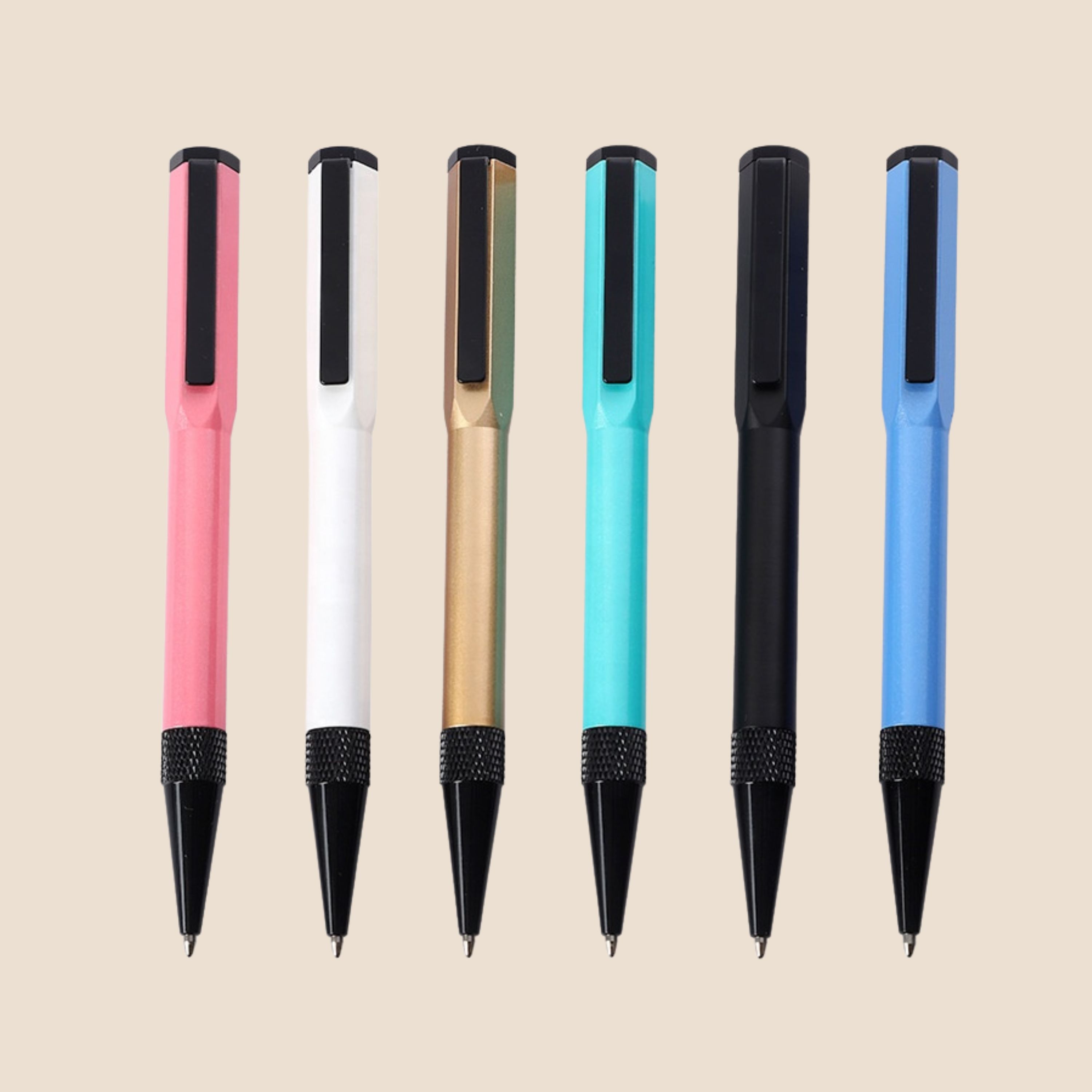 Journal pens in various colours, pink,white, gold, aqua, black and blue
