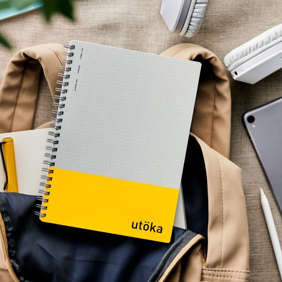 Maruman Utöka notebook on a backpack complemented with an ipad, headphones, and a yellow Lamy pen