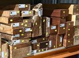 a stack of brightly coloured and textured wooden beams