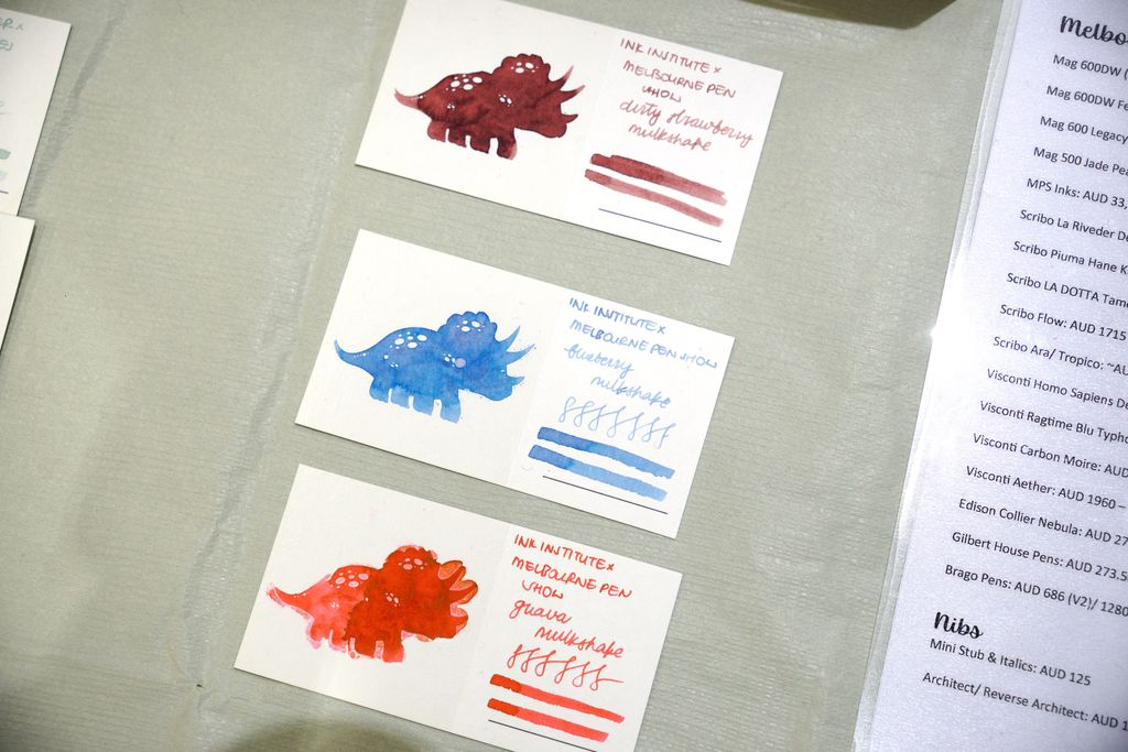 Swatch cards of the three Ink Institute exclusive inks: Dirty Strawberry Milkshake, Blueberry Milkshake and Guava Milkshake