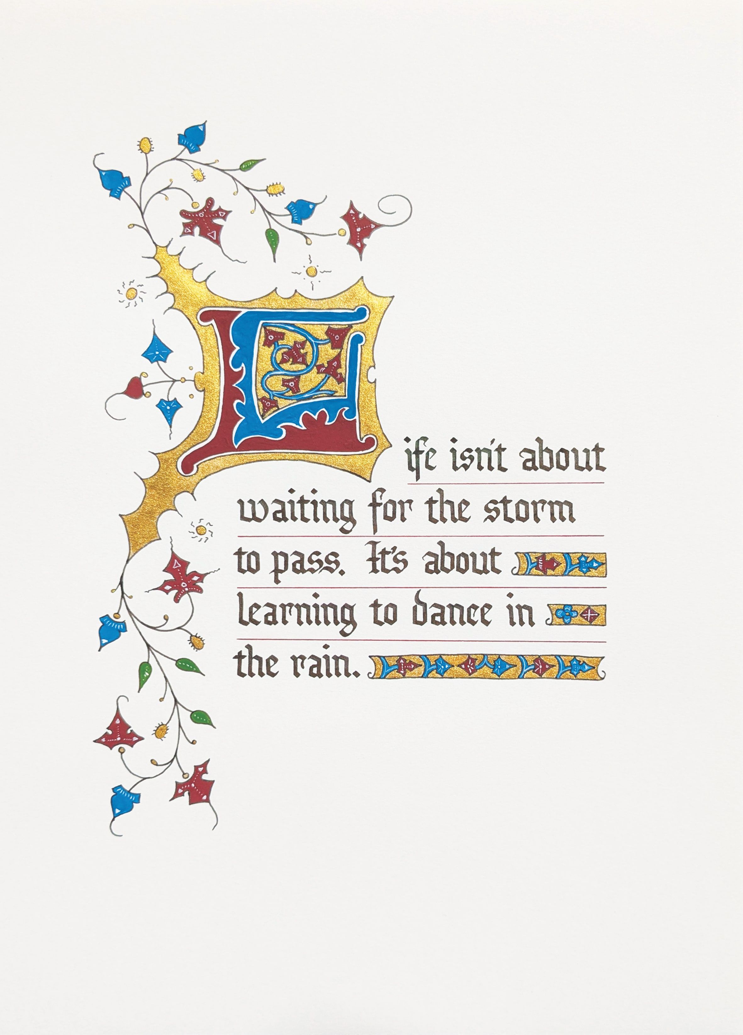 Illuminated manuscript style calligraphy in gold, red, blue and black hand lettering blackletter by Madeline