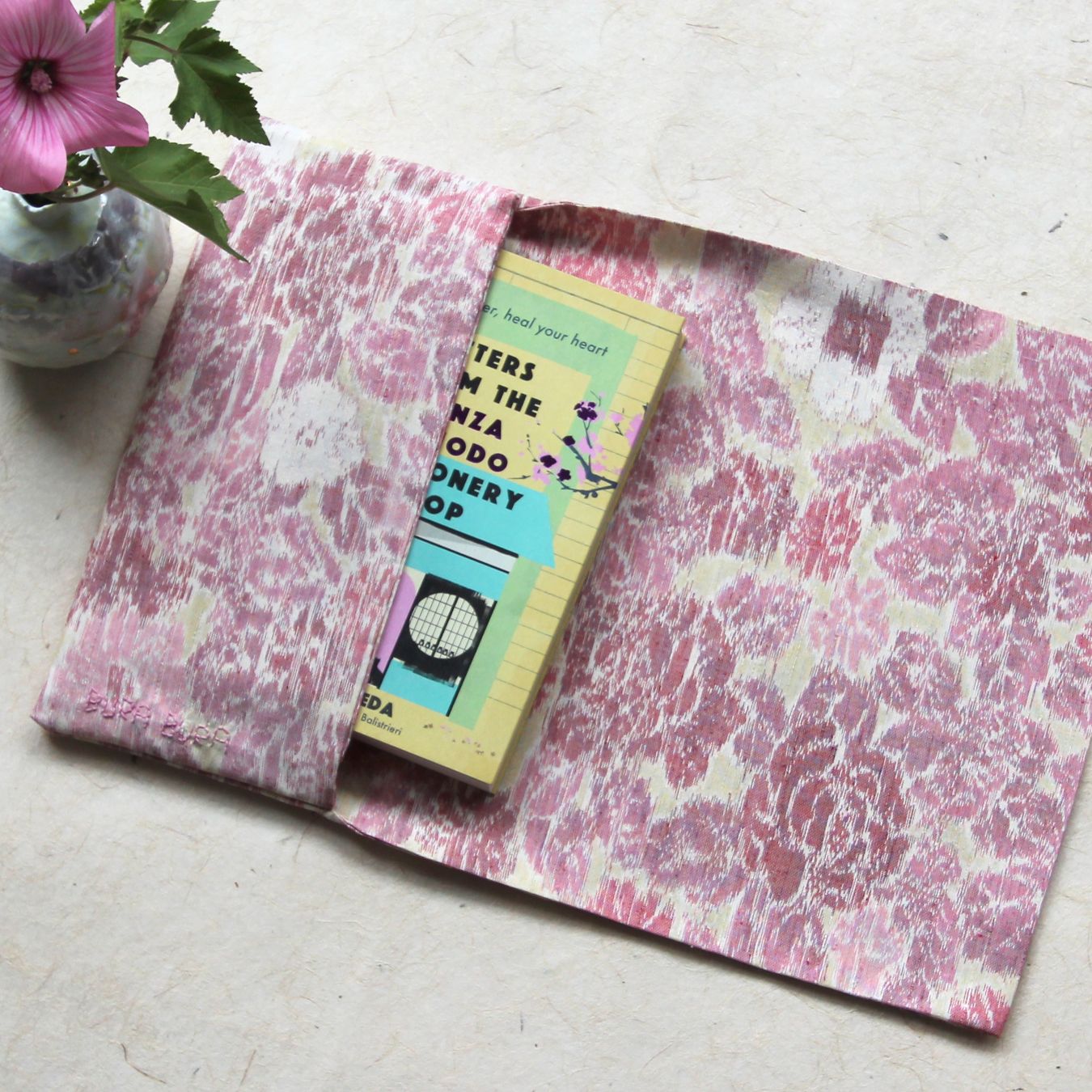 Pink rose patterned recycled kimono jounal wrap with a novel inside