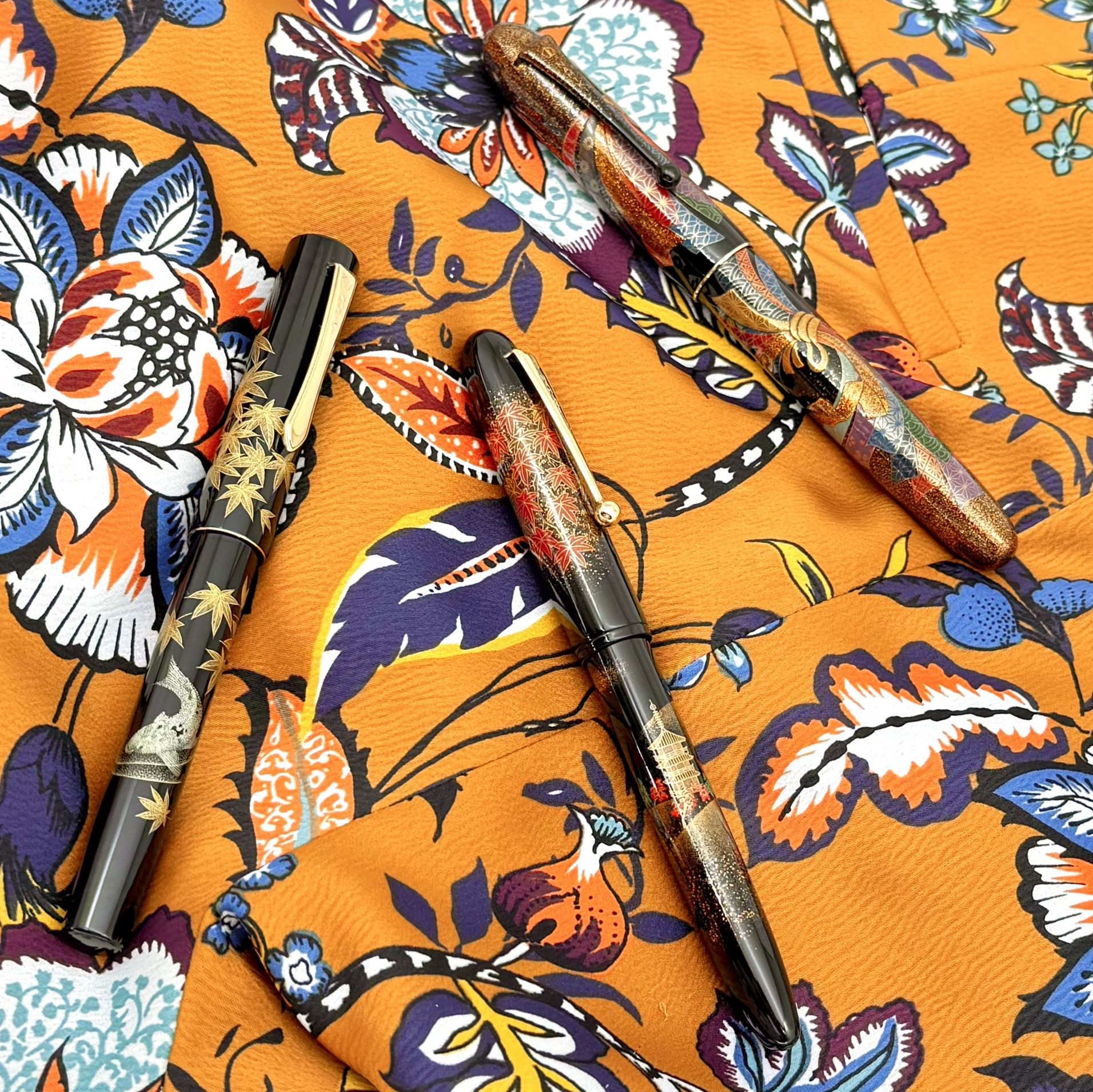 Namiki fountain pens on batik fabric
