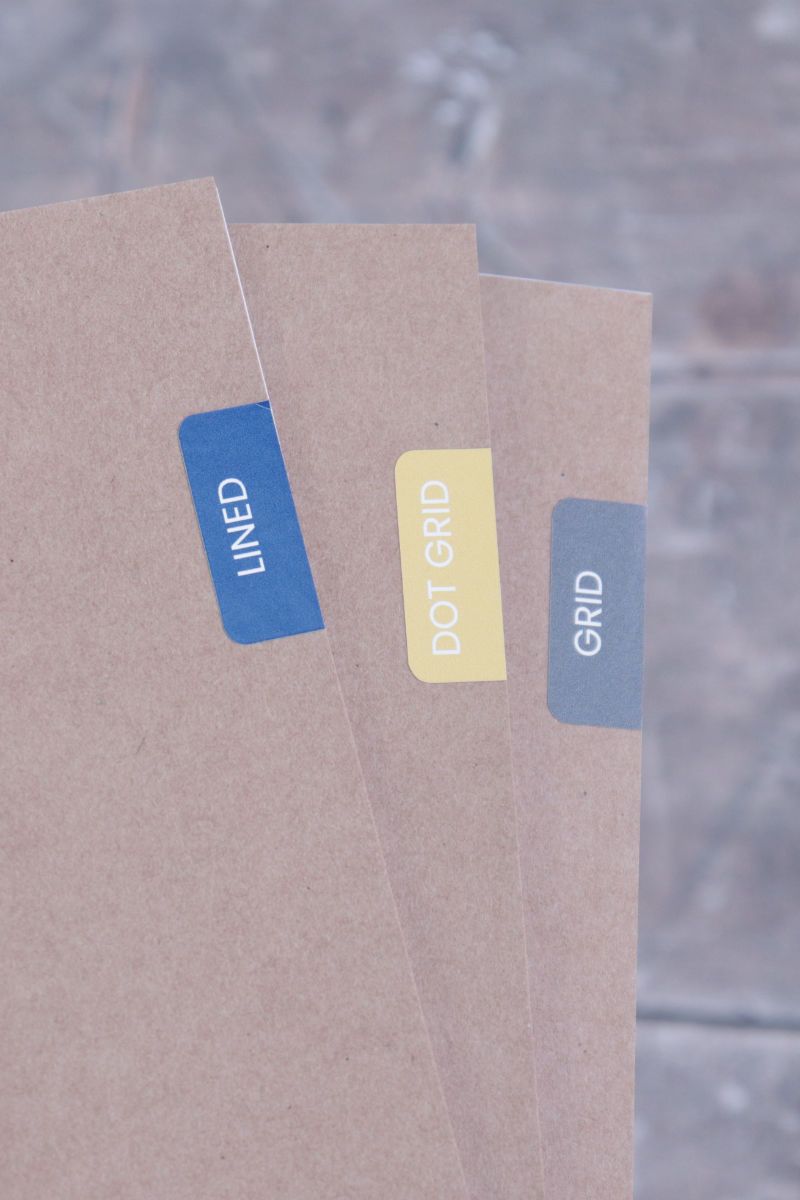 the brown cardstock covers of three notebook inserts, labeled