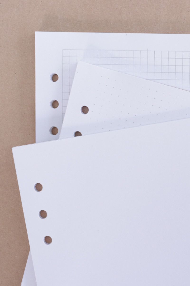 photo of three loose-leaf paper types: blank, dot grid, and grid