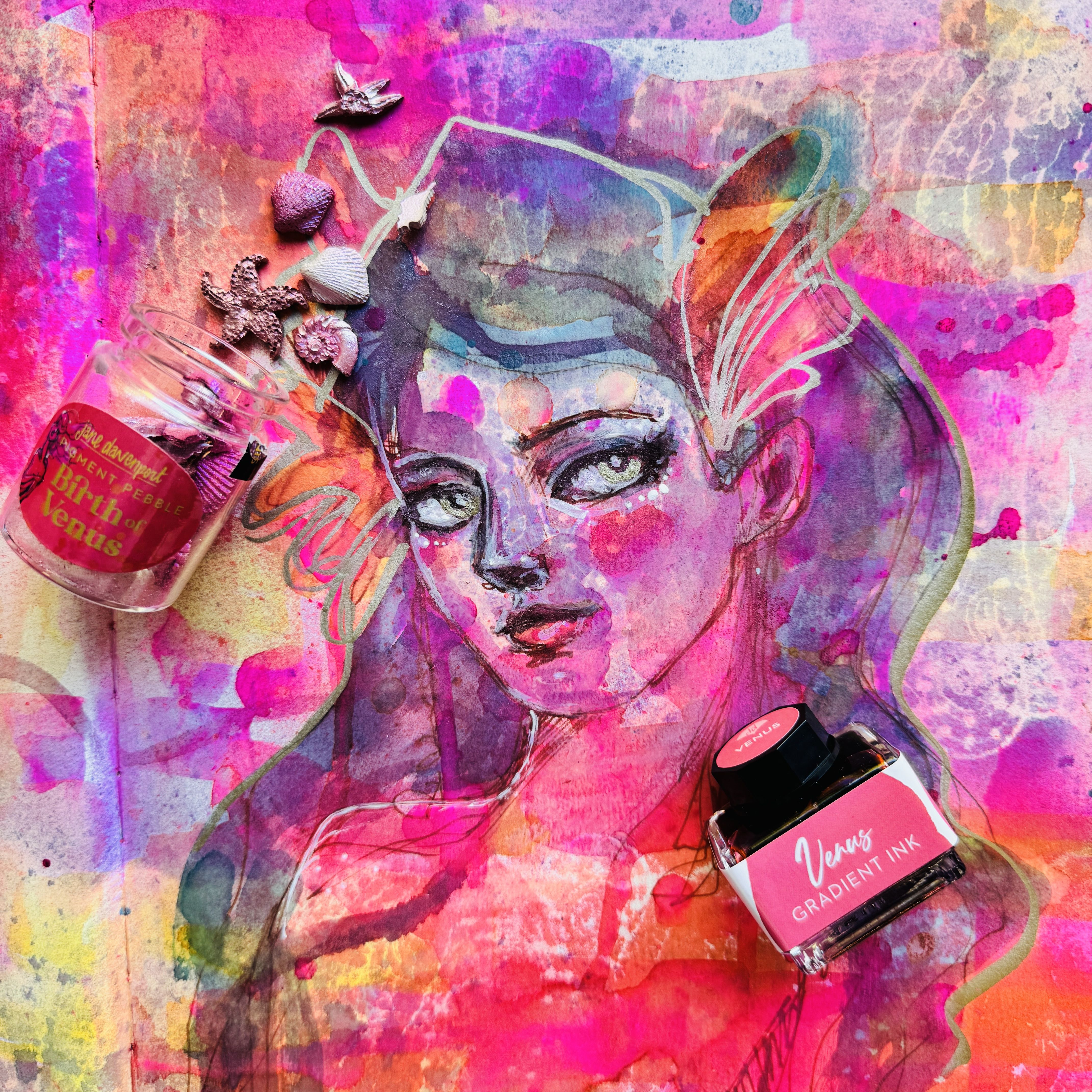 birth of venus ink mixed media illustration