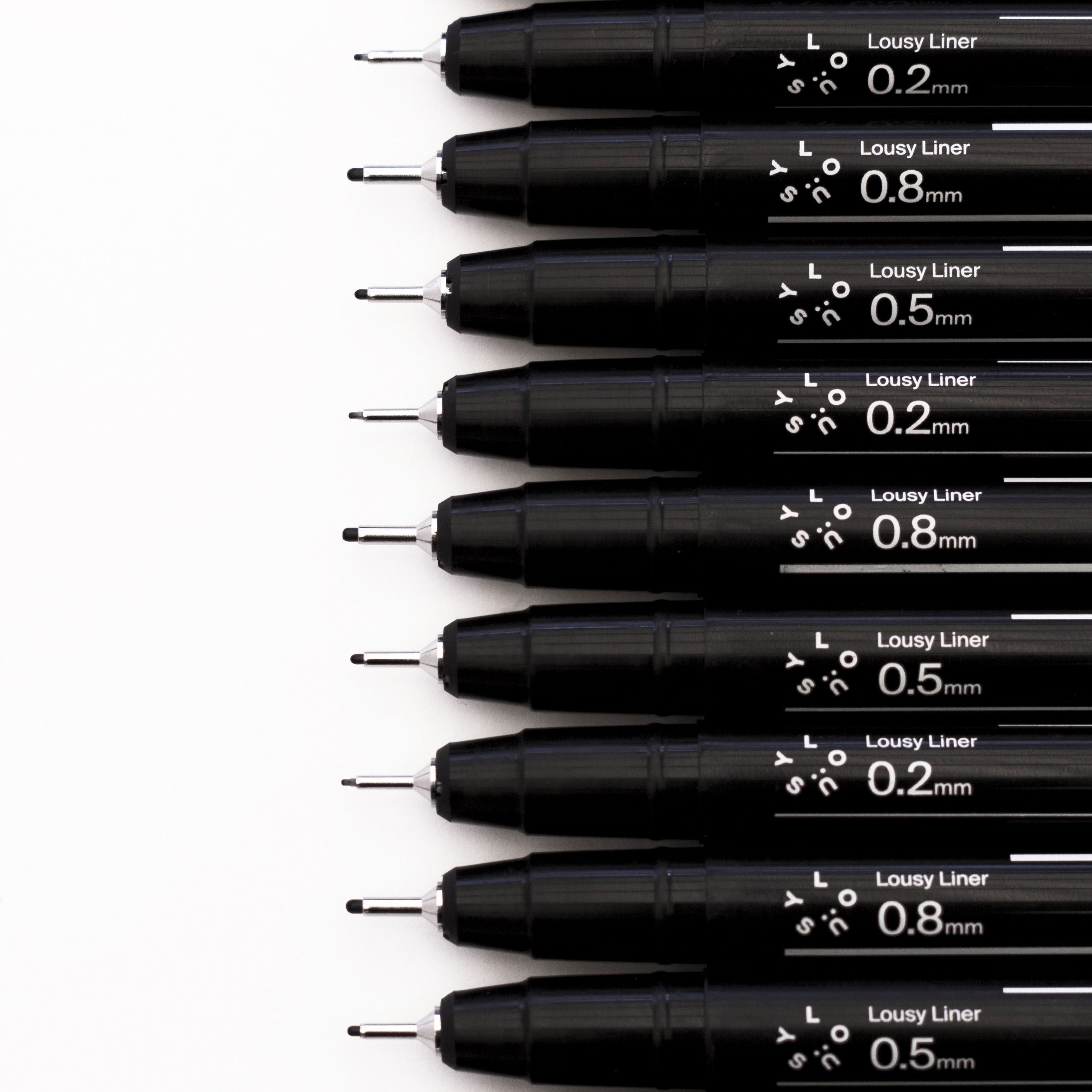 Close up of the Lousy Ink liner nib sizes