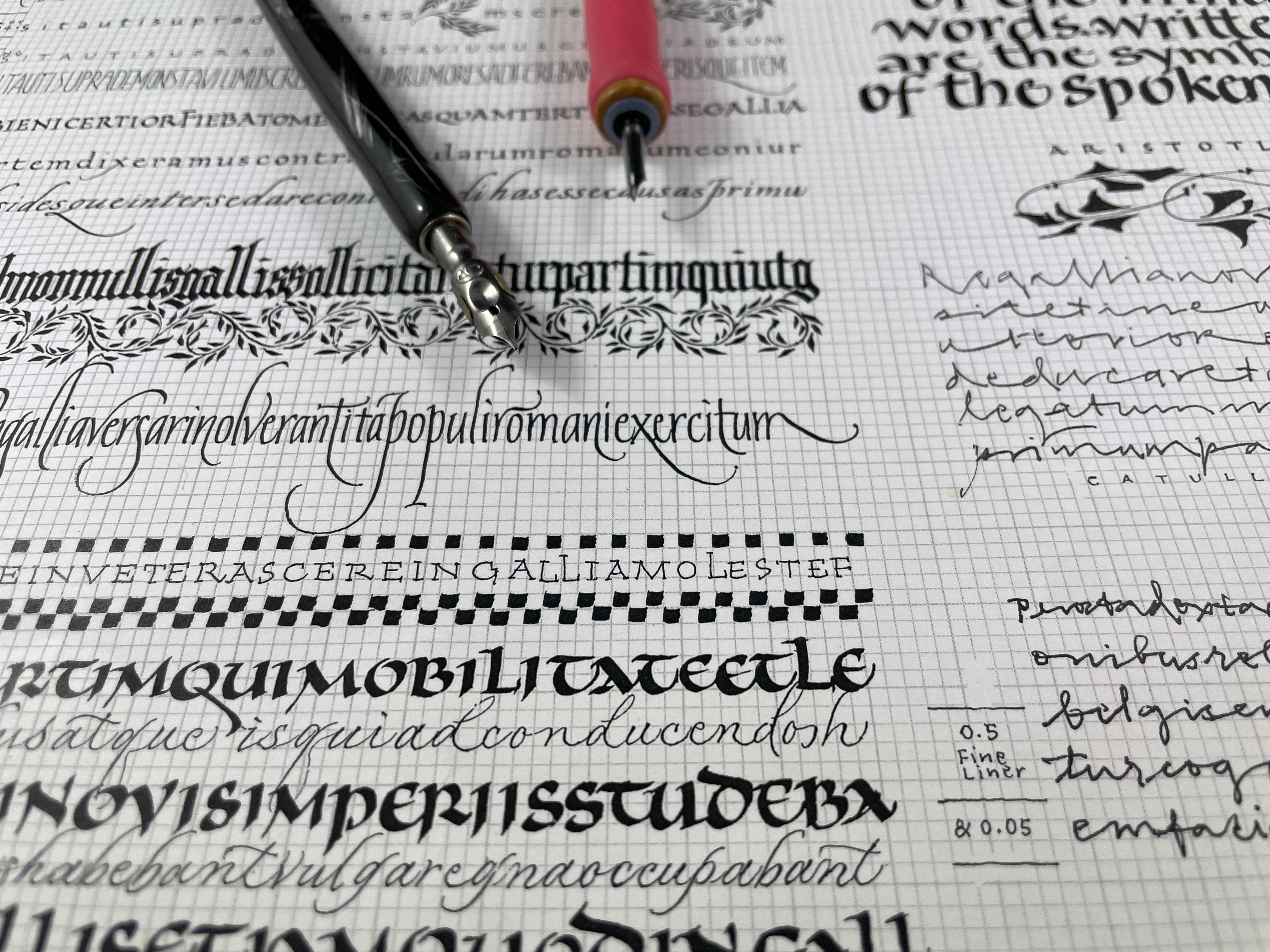 Handwritten lettering samples with two dip pens