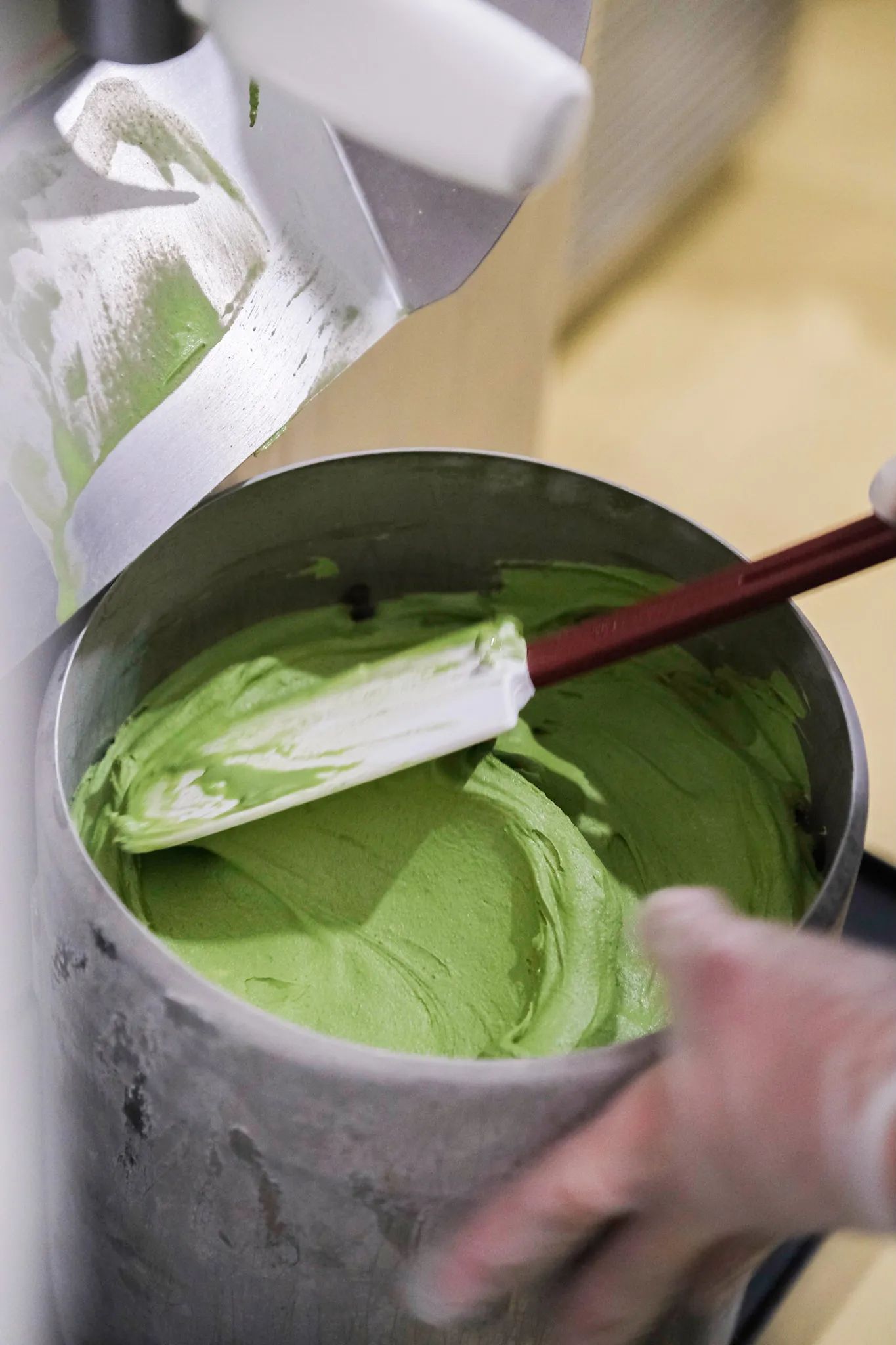 Matcha ice cream being made