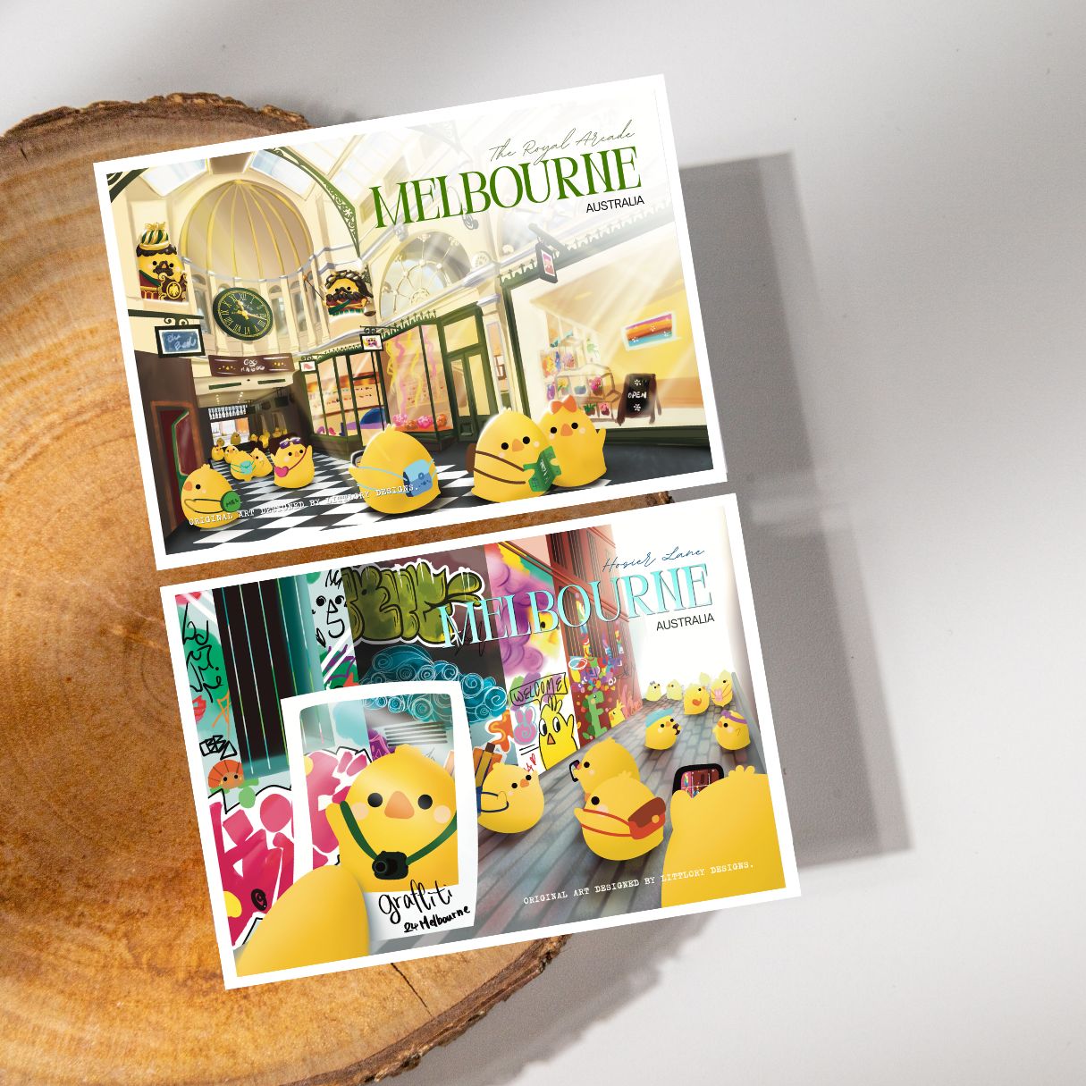 Melbourne and Pulu themed postcards