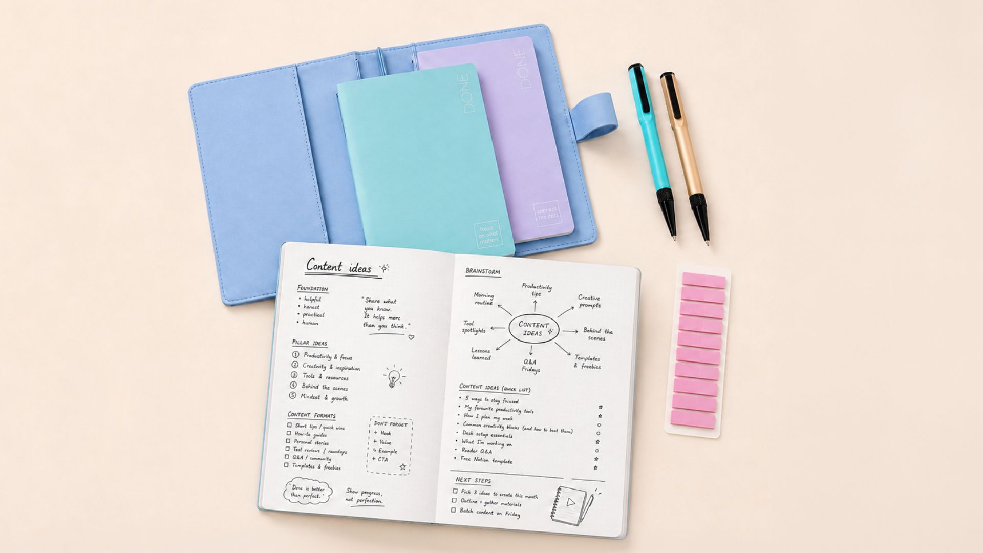 Blue notebook cover open to show three journal inserts and two pens
