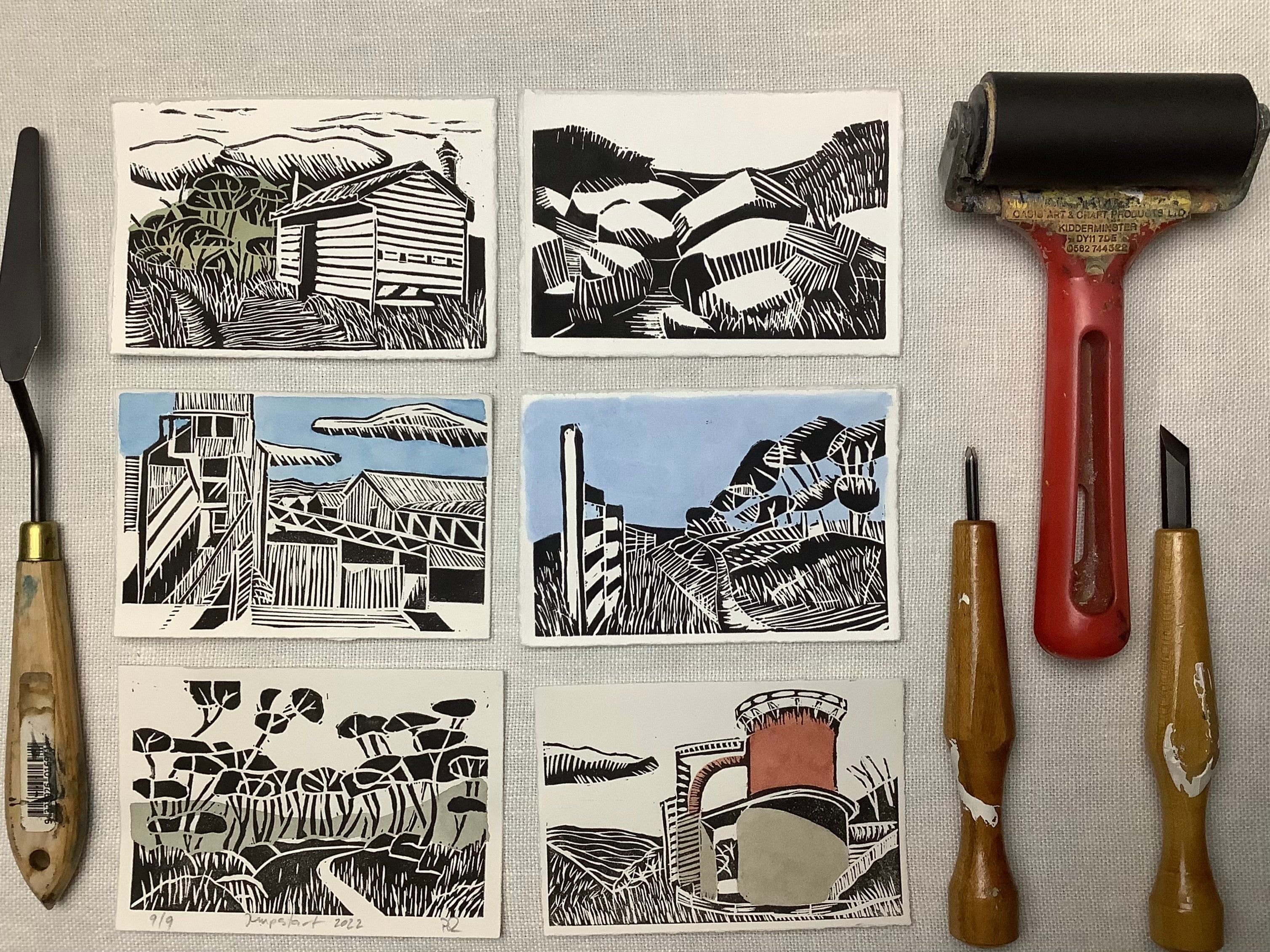a spread of six lino prints of high-contrast landscape images