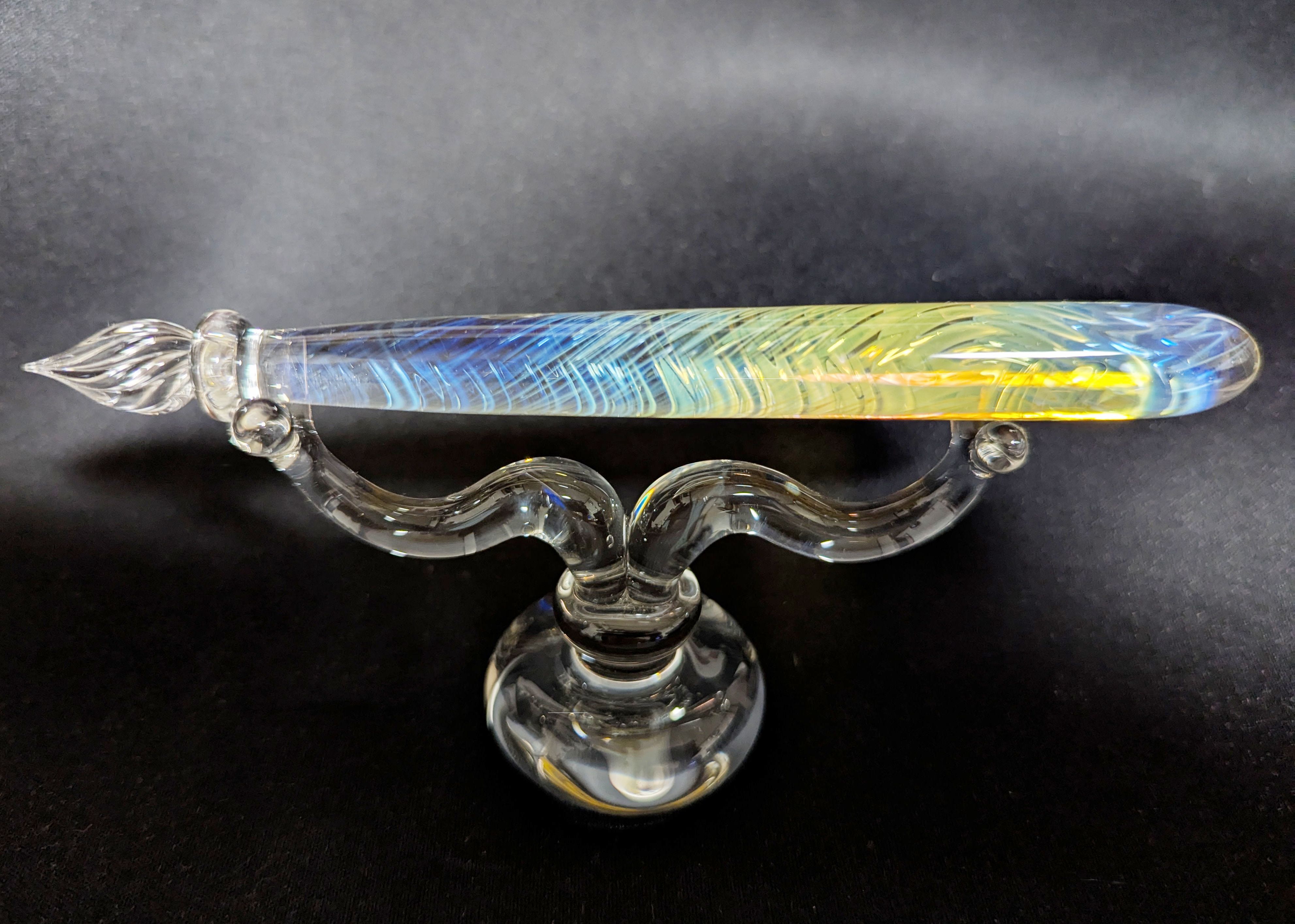 Glass dip pen intricate swirls of blue and yellow spirals borosilicate fine nib