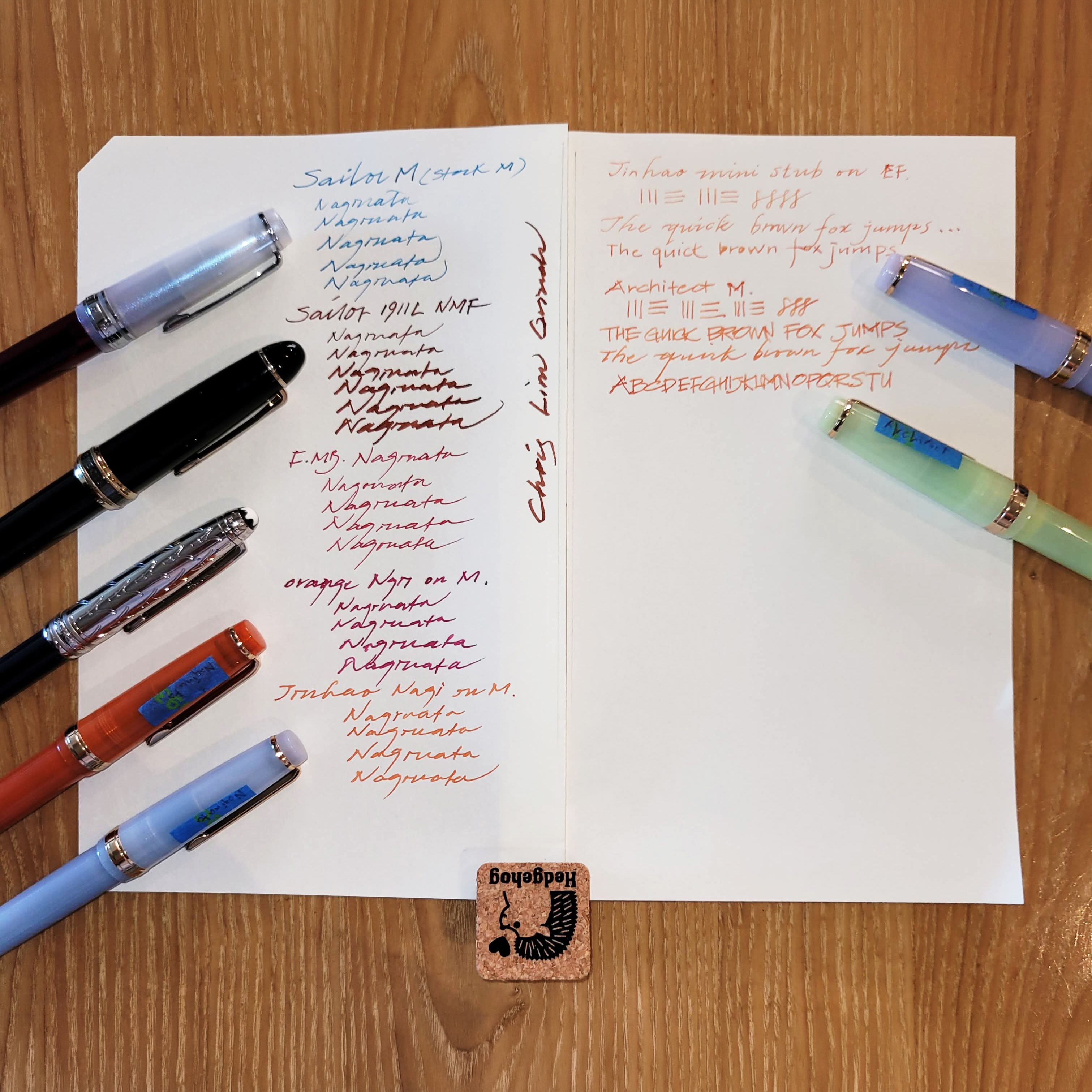 Numerous pens and handwriting samples, testing out nibs.