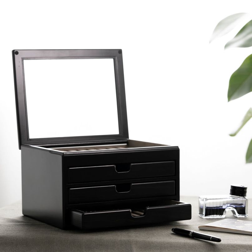 Black hinoki wood pen case three tray ink and pen