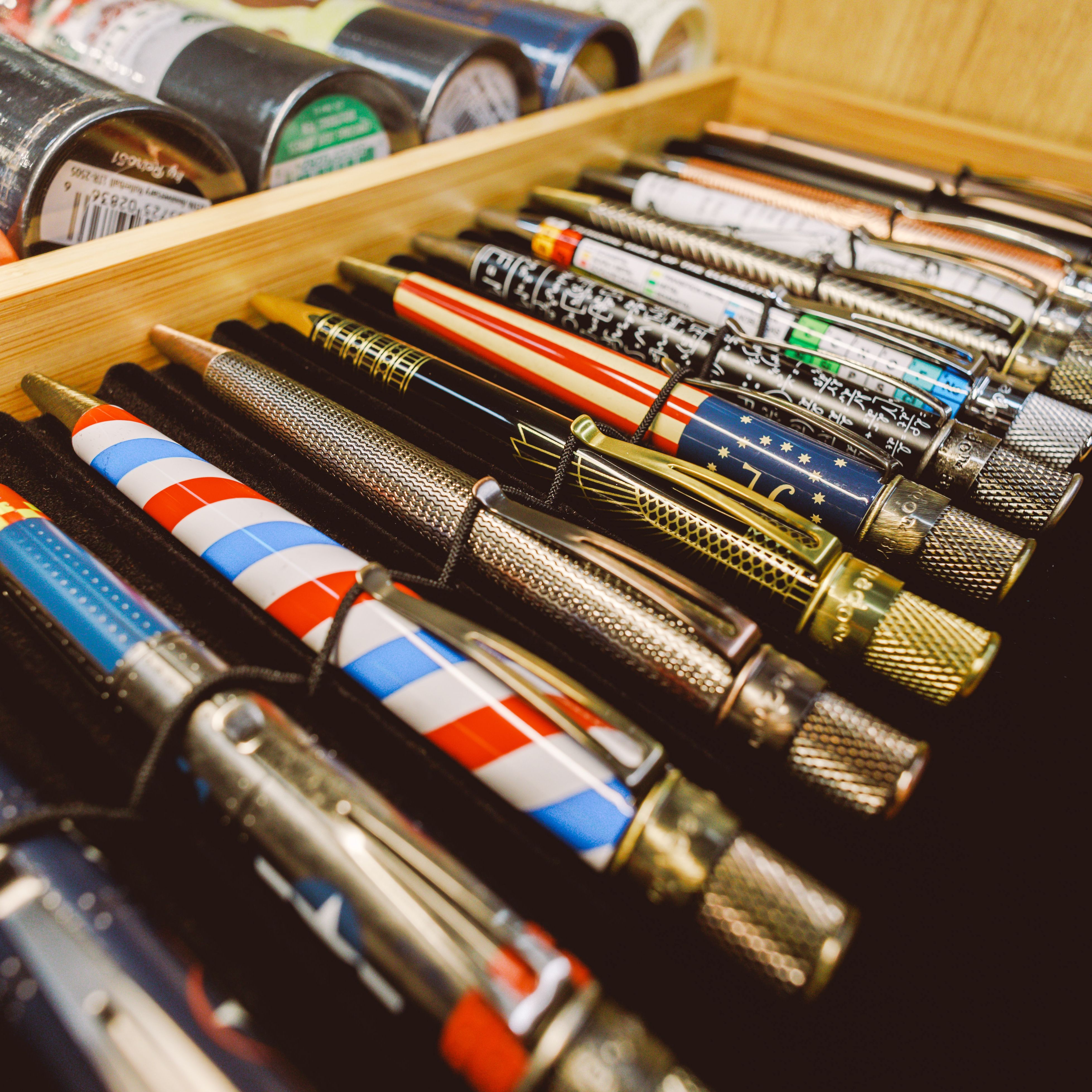 Tray of various pens