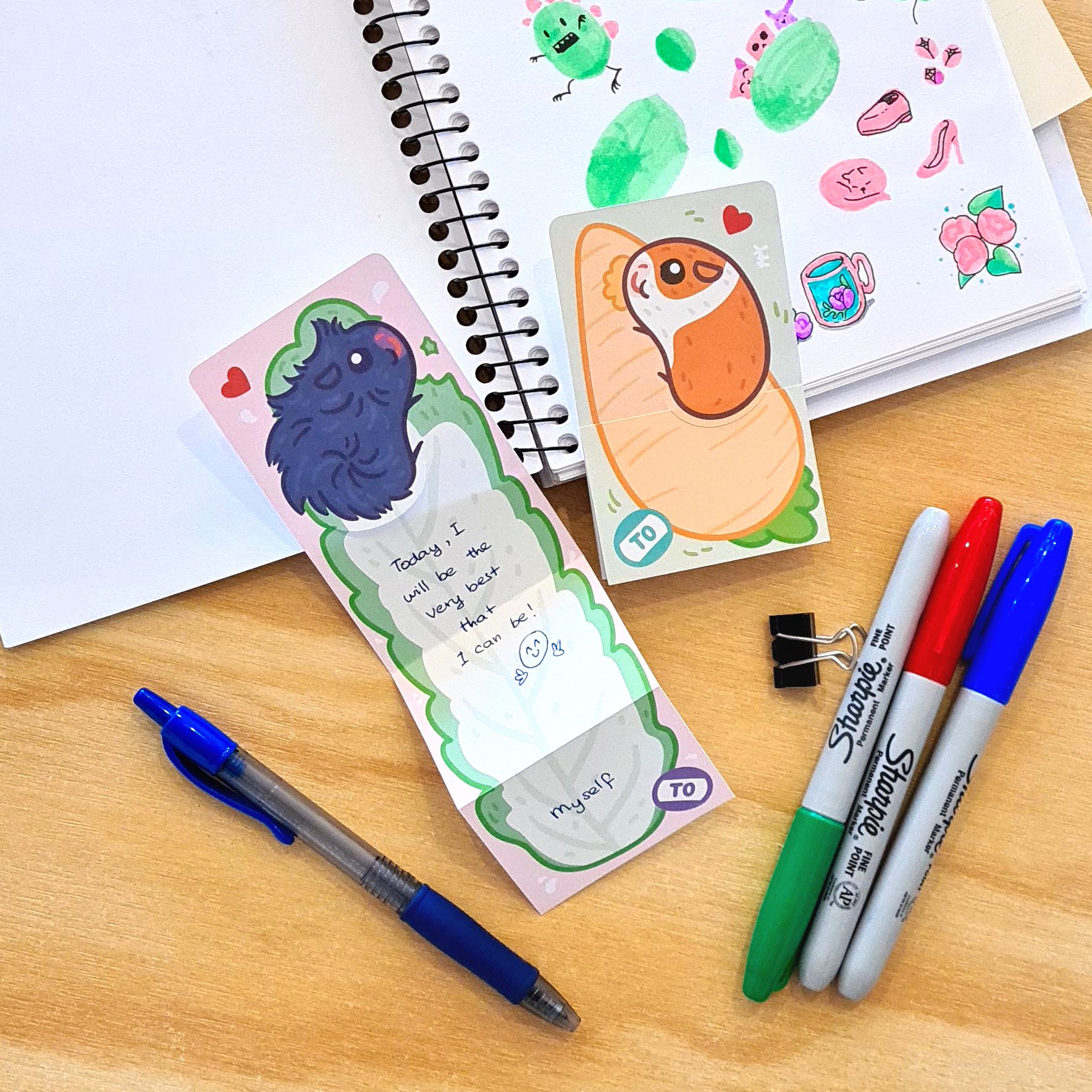 Guinea pig themed post-it style notes, pens and notebook 