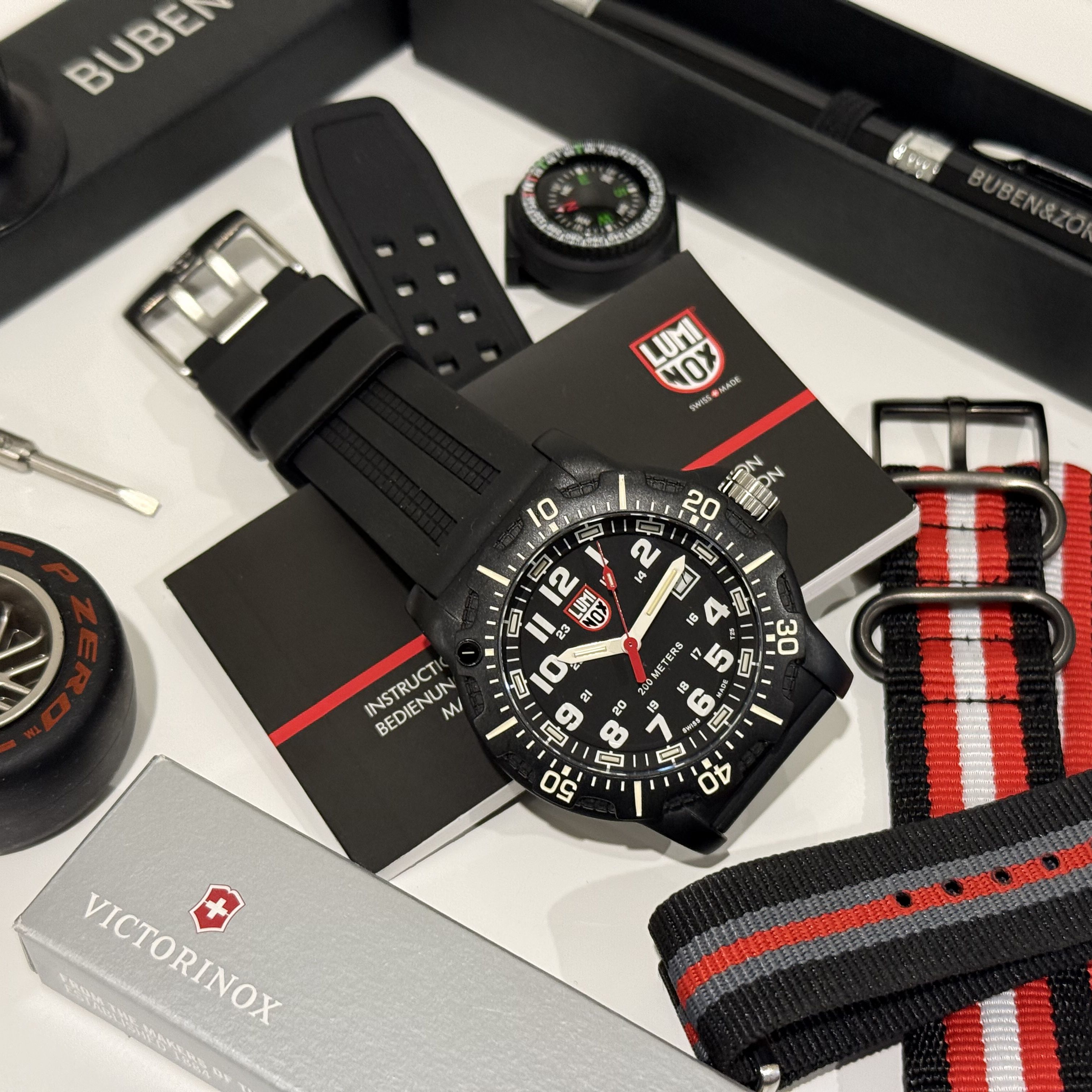 Watch, pen, compas, straps,