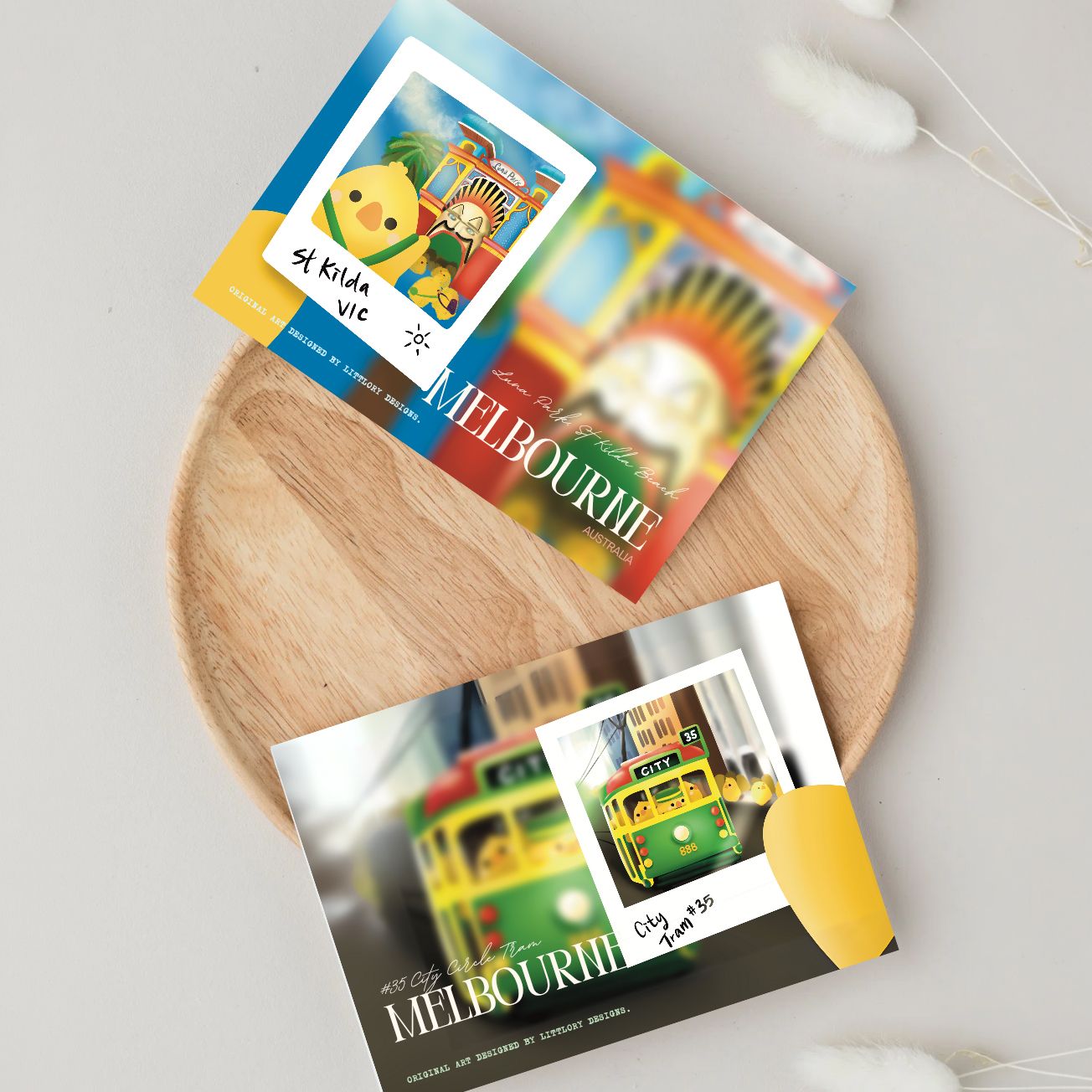 Melbourne and Pulu themed postcards